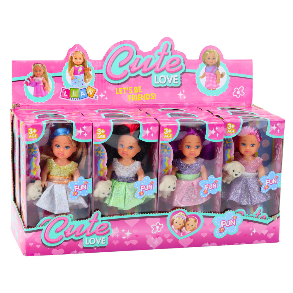 Mini panenka v šatech s pejskem 12cm – mix barev