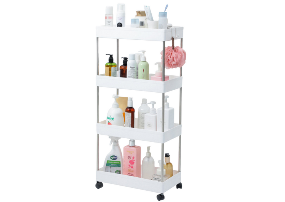 Mobilní regál 4 police na kolečkách s háčky bílý