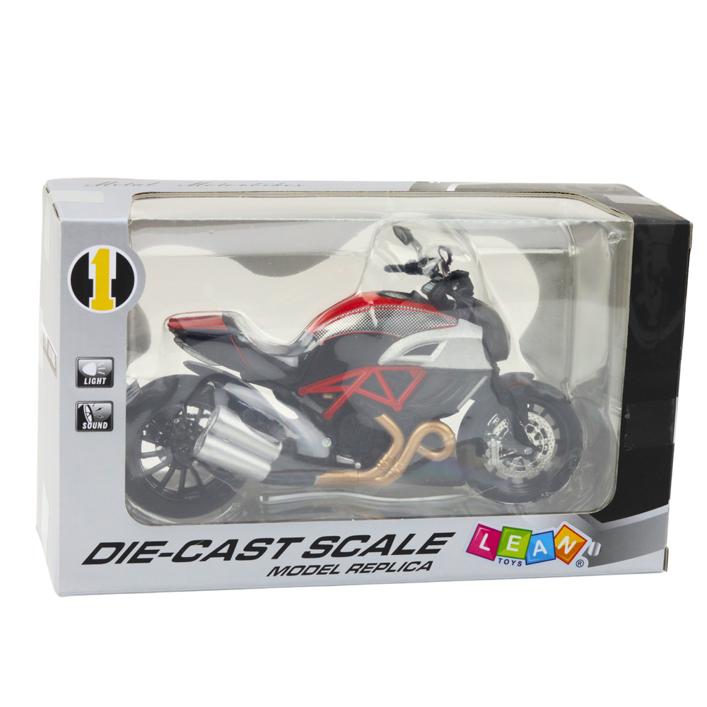 Motocykl sportovní kovový 1:12 – se světly a zvuky | černý zlatý