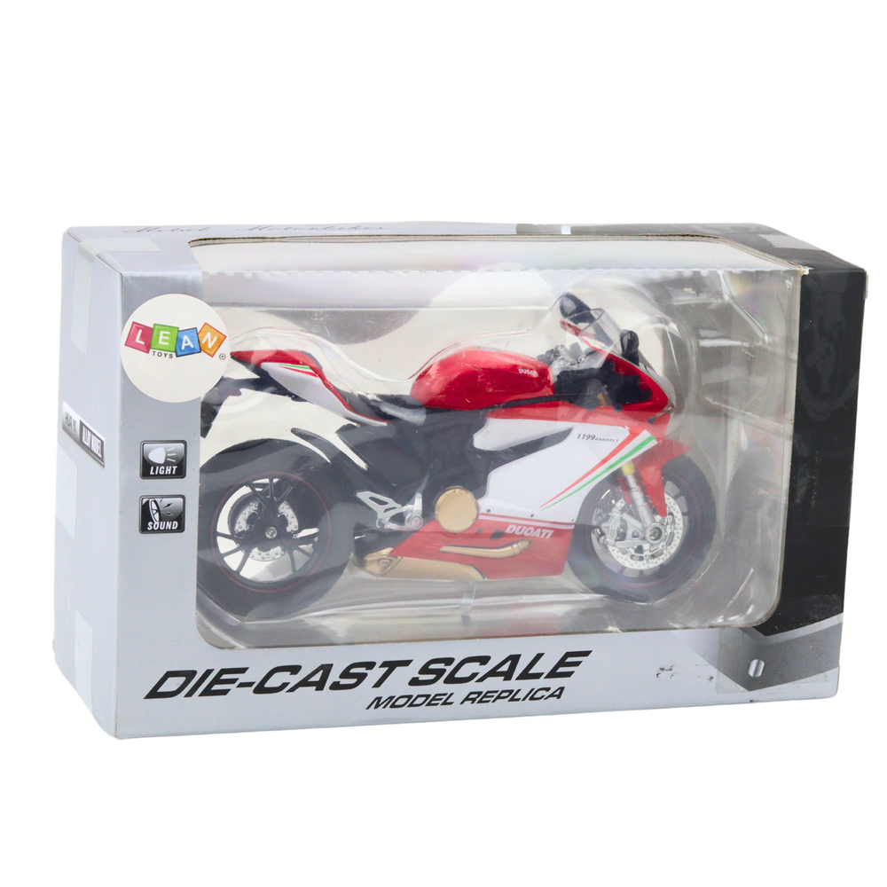 Motocykl sportovní kovový 1:12 – se světly a zvuky | červeno bílý