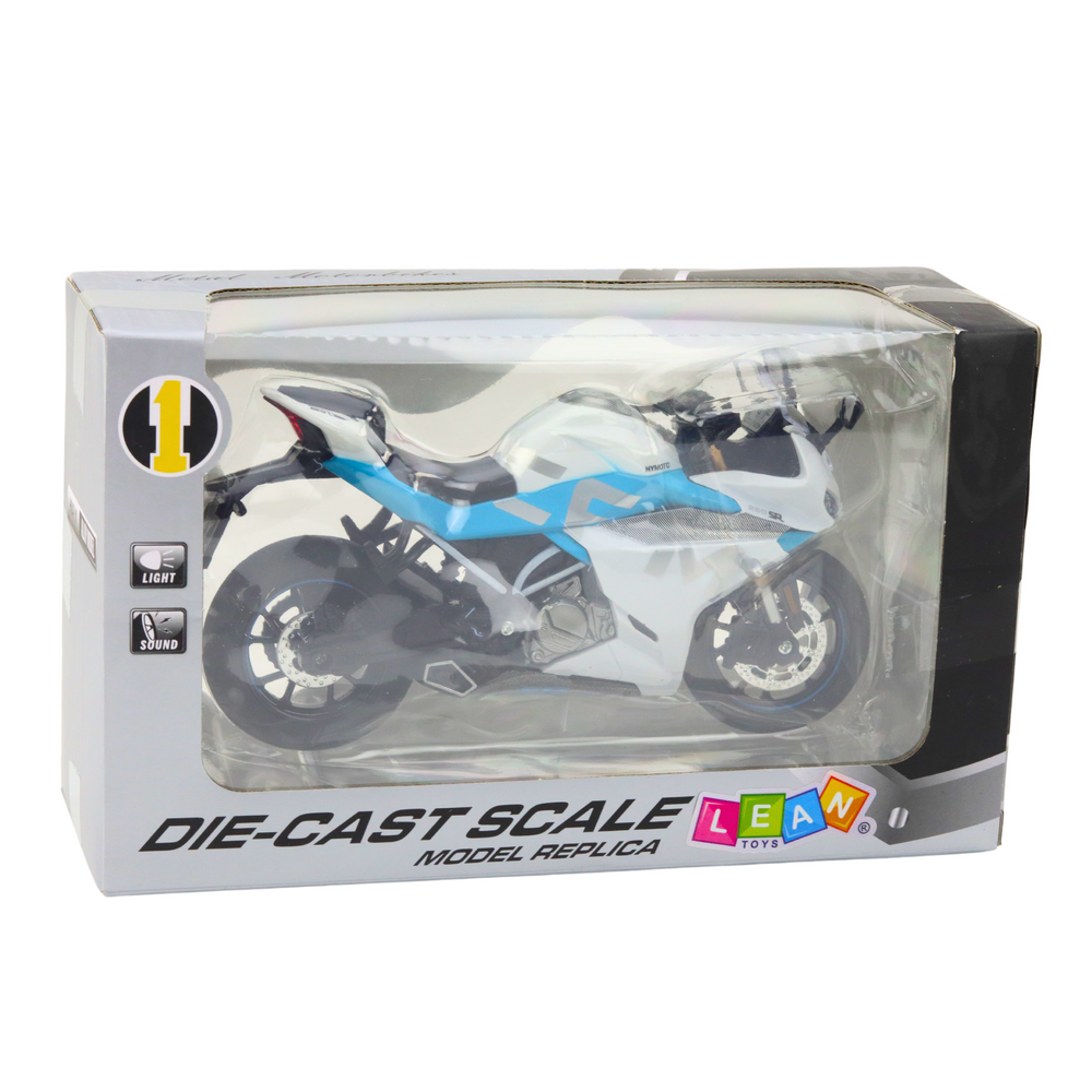 Motocykl sportovní kovový – se světly a zvuky | bílo modrý