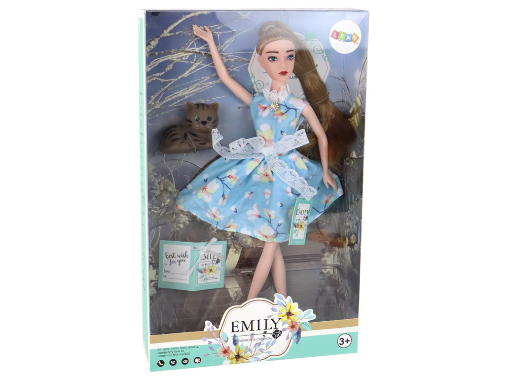 Panenka Emily s dlouhými vlasy – s kotětem v modré sukni