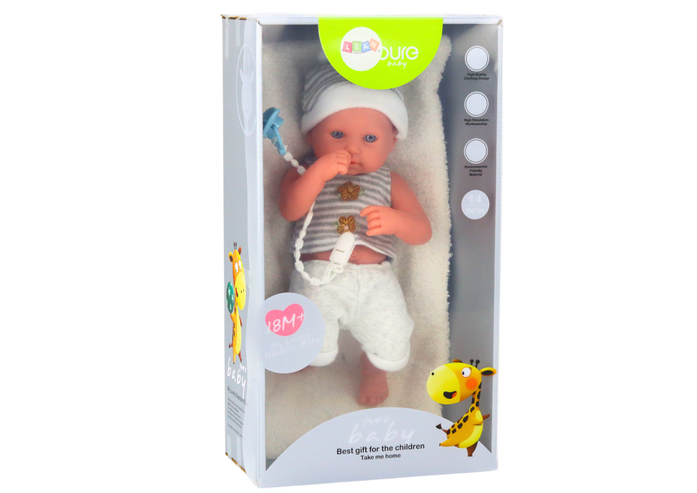 Panenka miminko s čepičkou dudlíkem a dečkou bílo šedá