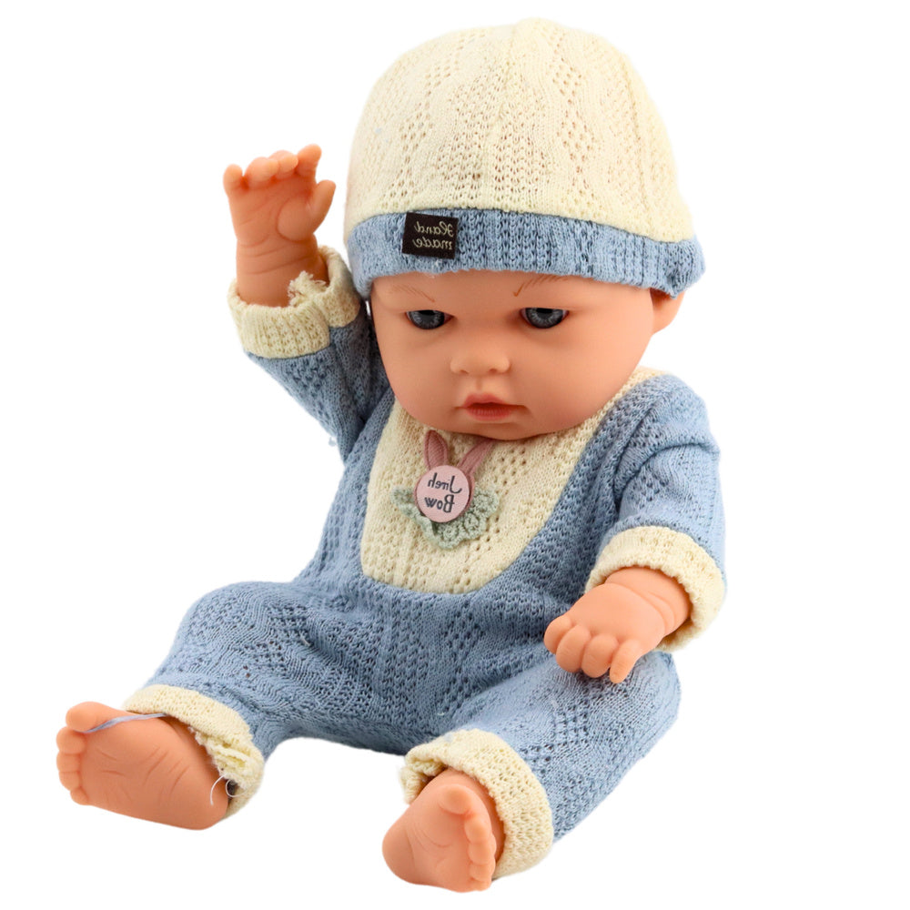Panenka miminko v pletených šatech – s čepičkou 29 cm | modrá