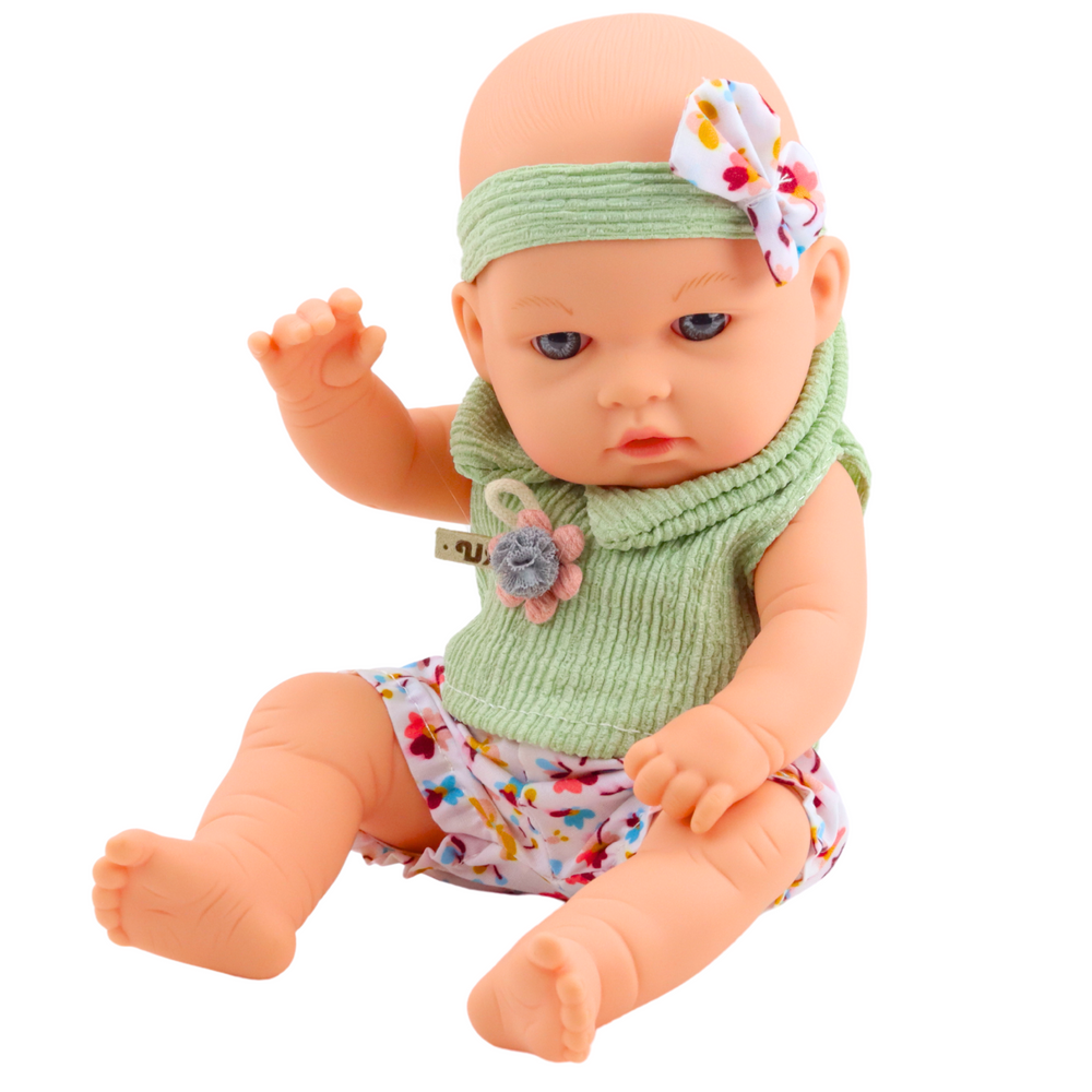 Panenka miminko zelené oblečení – s čelenkou 29cm