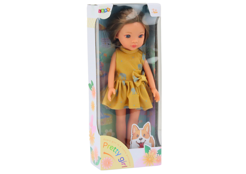Panenka s hnědými vlasy ve žlutých šatech 33cm