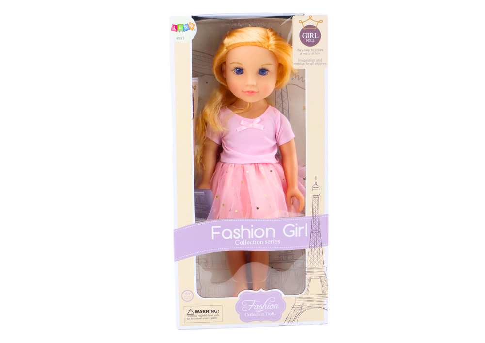 Panenka v růžových šatech s tylovou sukní a blond vlasy 44 cm