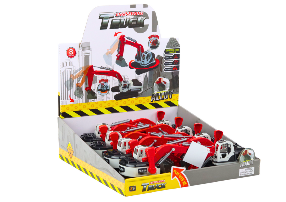 Pásová kopačka s kovovou lžící a otočnou kabinou bílo červená