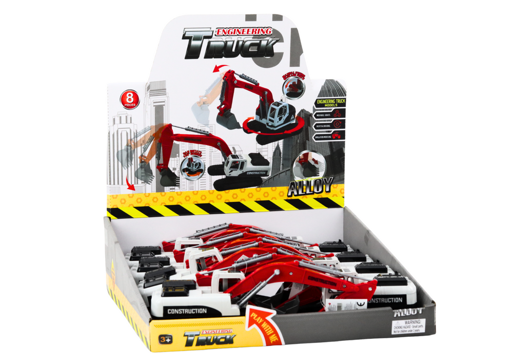 Pásový bagr s kovovou lžící a otočnou kabinou bílo červený