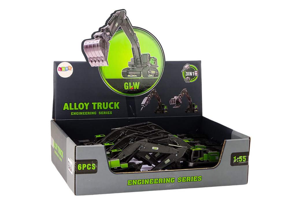 Pásový bagr s kovovou lžící a vrtákem 1:55 černozelený