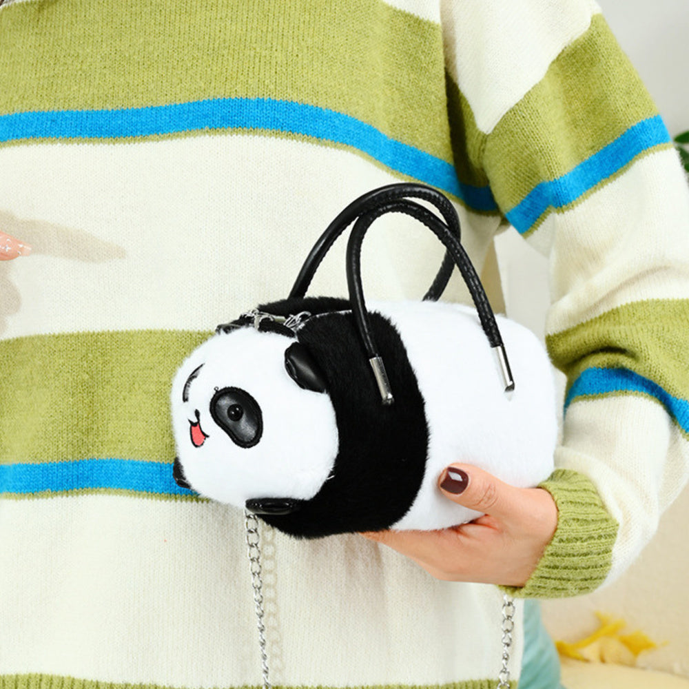 Plyšová kabelka panda s uchy – s kovovým řetízkem | černobílá