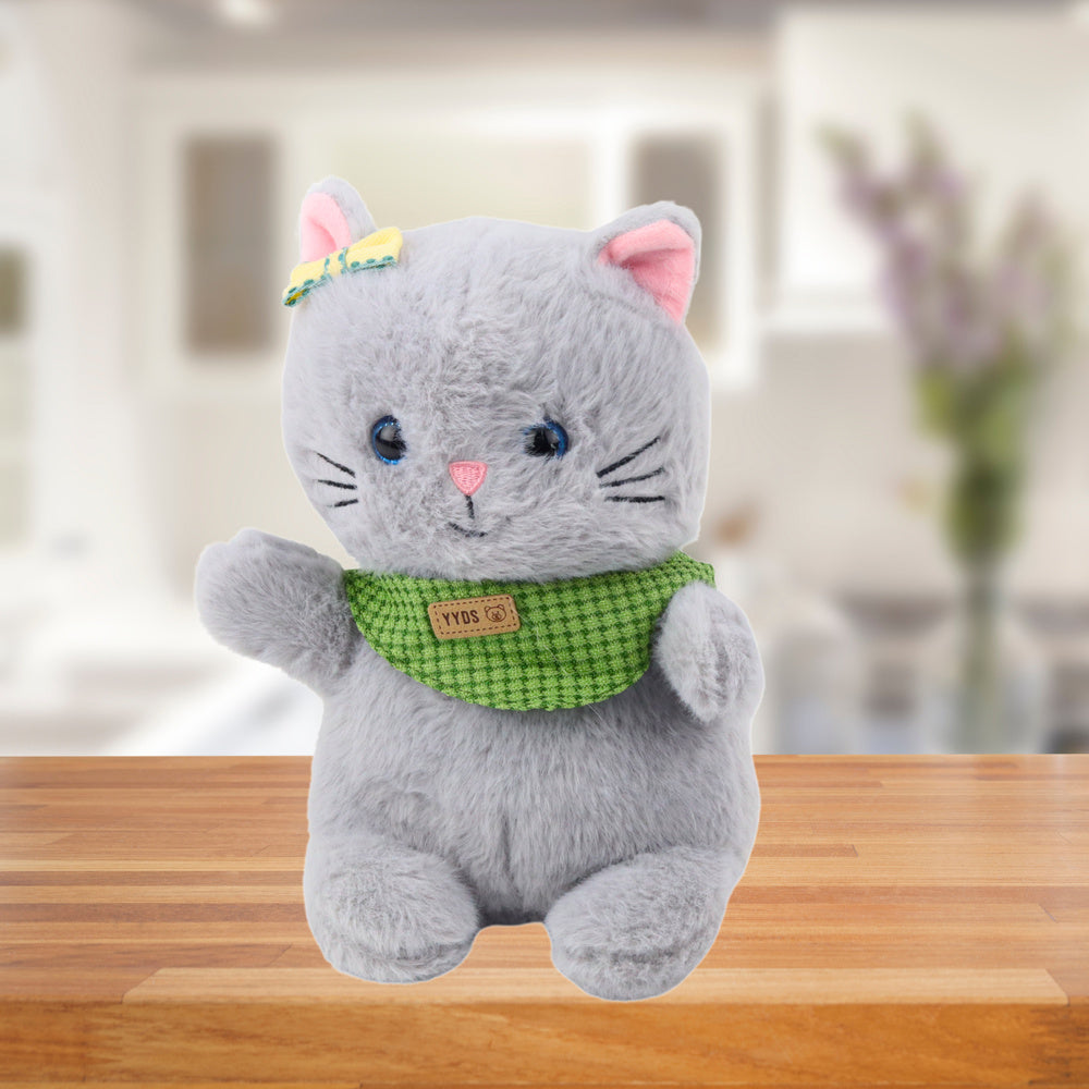 Plyšová kočka přítulanka šedá 22cm – s šátkem a mašličkou