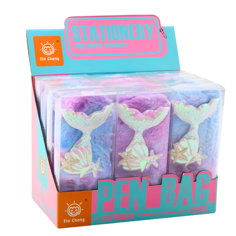 Plyšový penál s mořskou pannou a flitry fialovo modrý