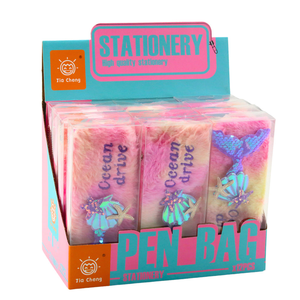 Plyšový penál s mořskou vílou cekíny a mušle růžovo fialový