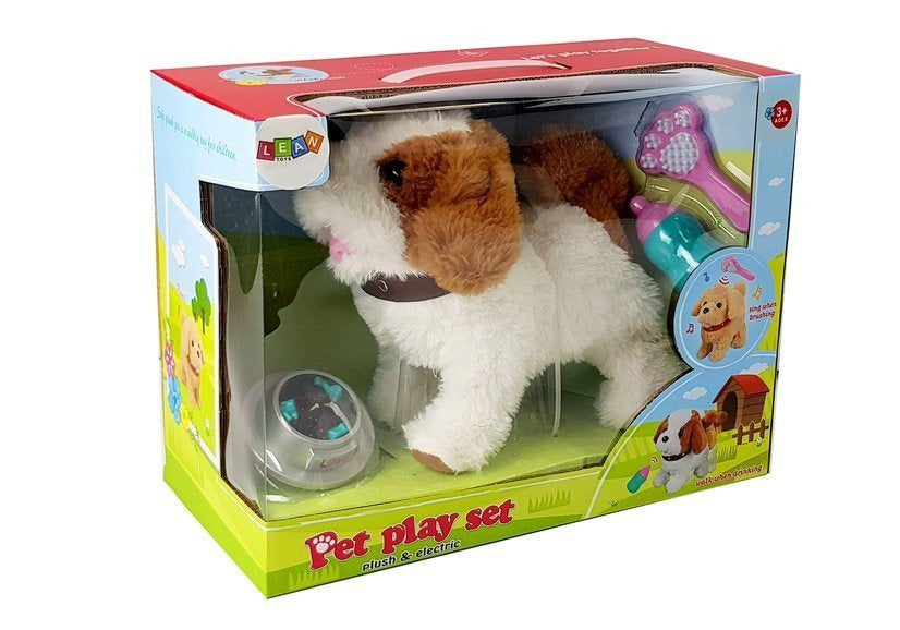 Plyšový pes na baterie – pohybuje ocasem bílý s příslušenstvím
