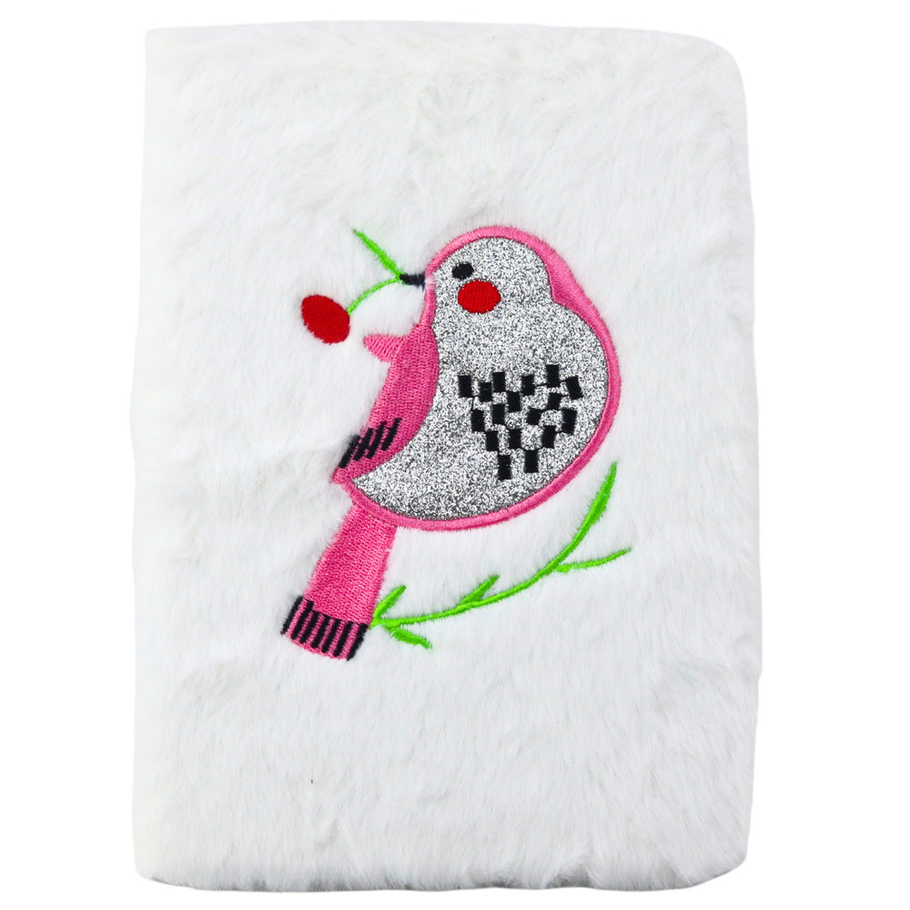 Plyšový zápisník s ptáčkem a stříbrným třpytem bílý