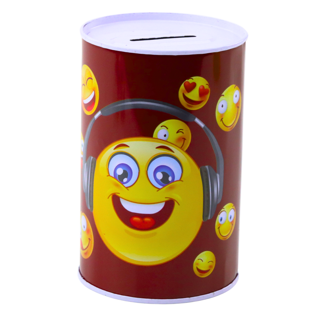 Pokladnička kovová s emotikony pro děti 13x8cm modrá hnědá