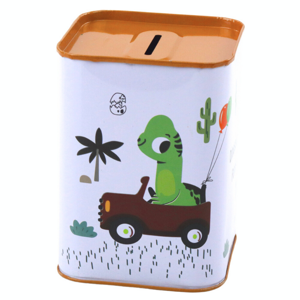 Pokladnička s dinosaurem kovová – dětská na spoření 11x8cm