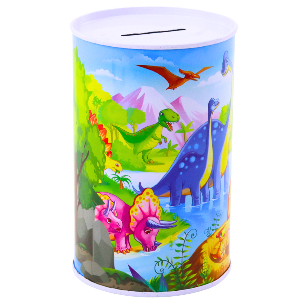 Pokladnička s dinosaury kovová – barevná 13x8cm