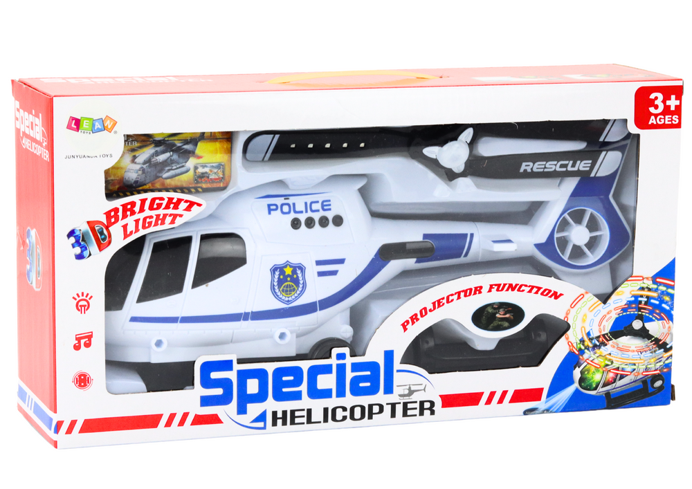 Policejní helikoptéra s jezdícím pohybem světly a zvuky bílá