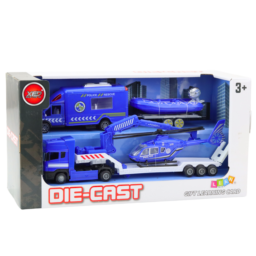 Policejní sada vozidel s kamionem helikoptérou lodí modrá