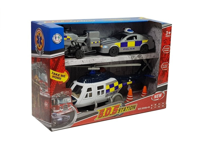 Policejní vozidla se světly a zvuky – helikoptéra auto motocykl