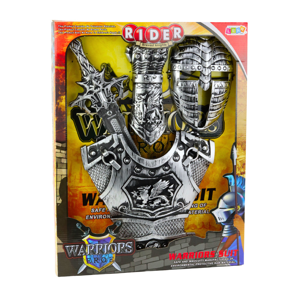 Rytířský kostým stříbrný – s helmou zbrojí mečem štítem