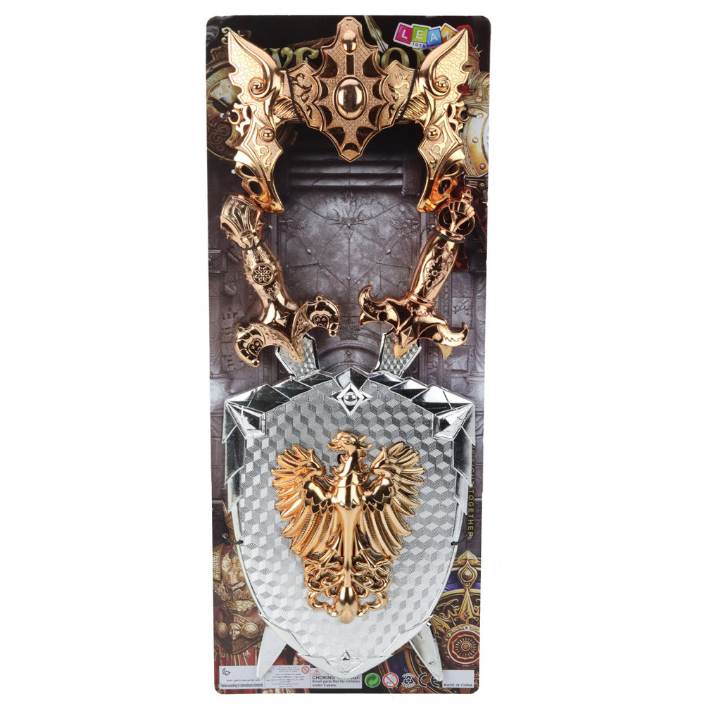 Rytířský set 2 meče tarča maska – zlatý orel stříbrný