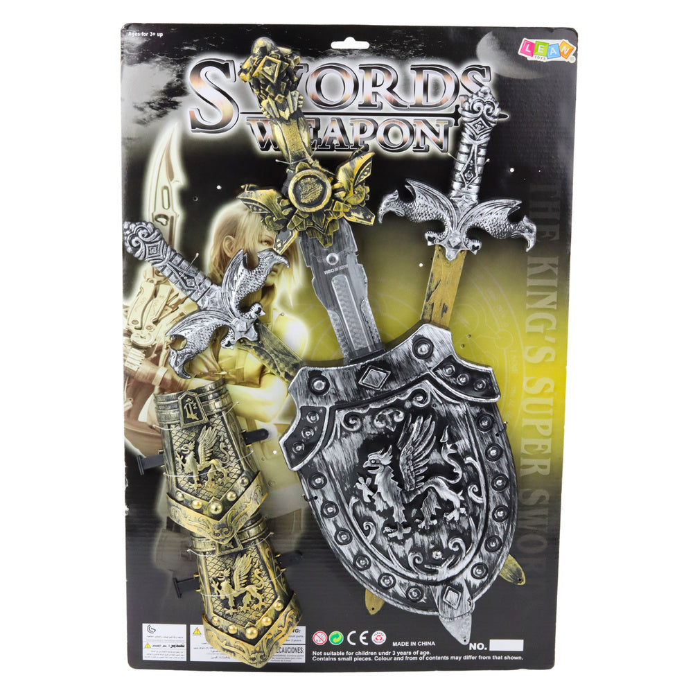 Rytířský set 3 meče tarča chrániče – s realistickými zdobeními