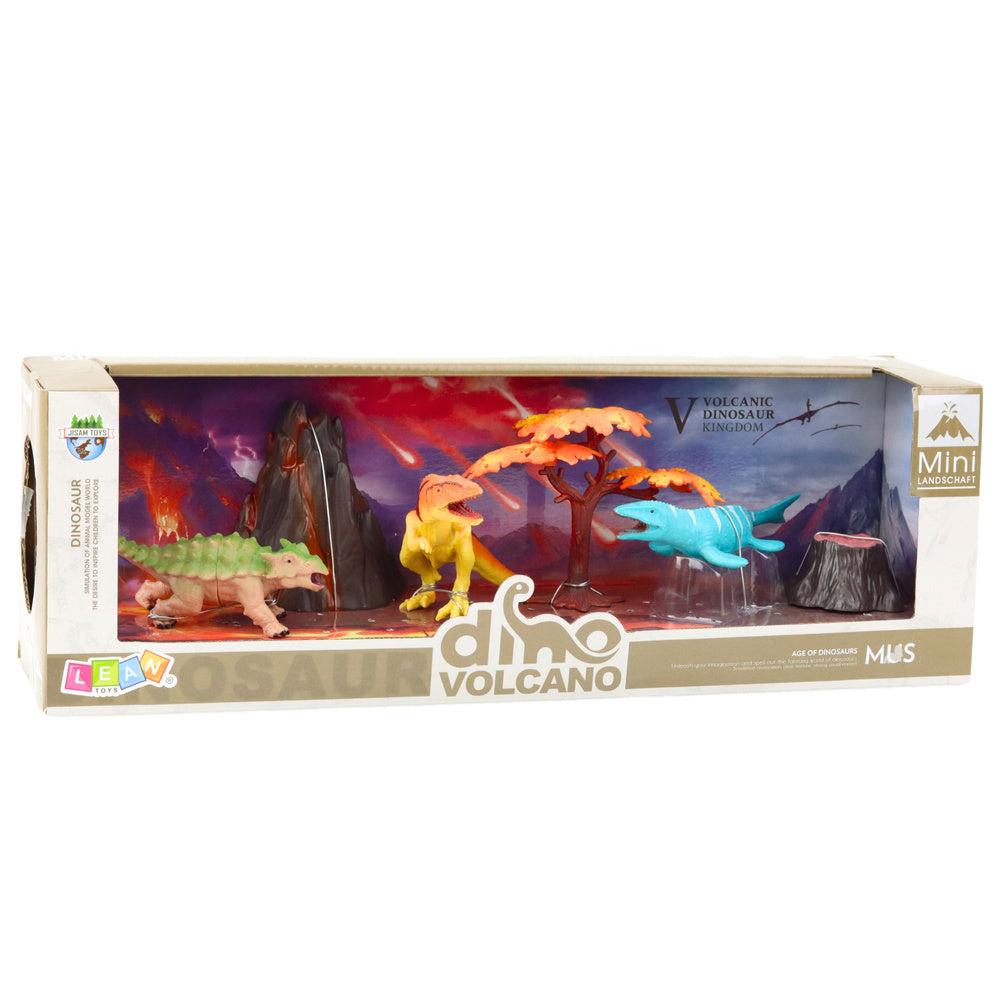 Sada figurek dinosaurů s vulkánem a stromem 6 dílů
