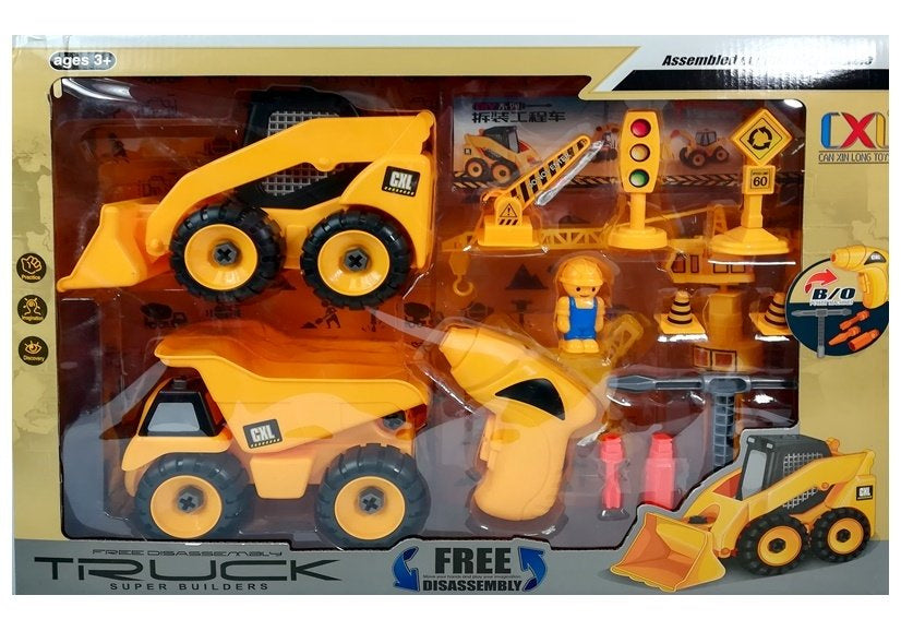 Sada stavebních aut bagr sklápěč jeřáb k rozkrucování oranžová