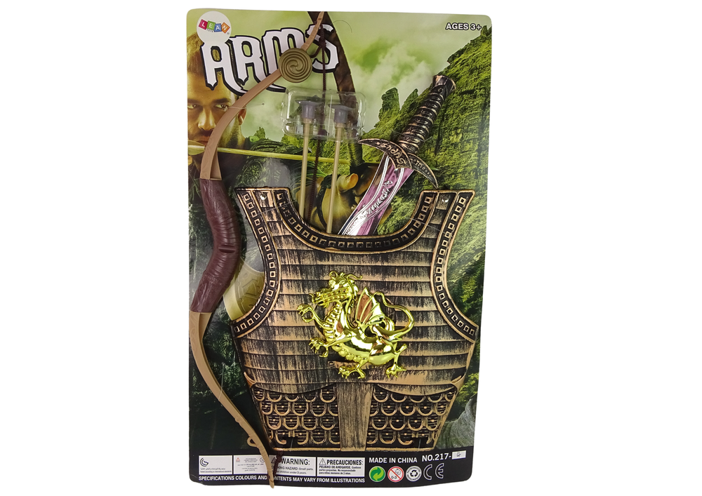 Samurajský kostým s mečem a lukem – zlatá zbroj se smokem