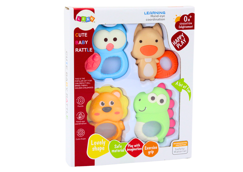 Set chrastítek a kousátek s barevnými pastelo zvířátky, 4 kusy