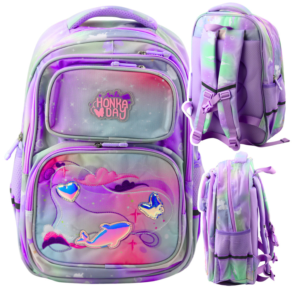 Školní batoh s nášivkami delfína – pastelový 20L | srdce