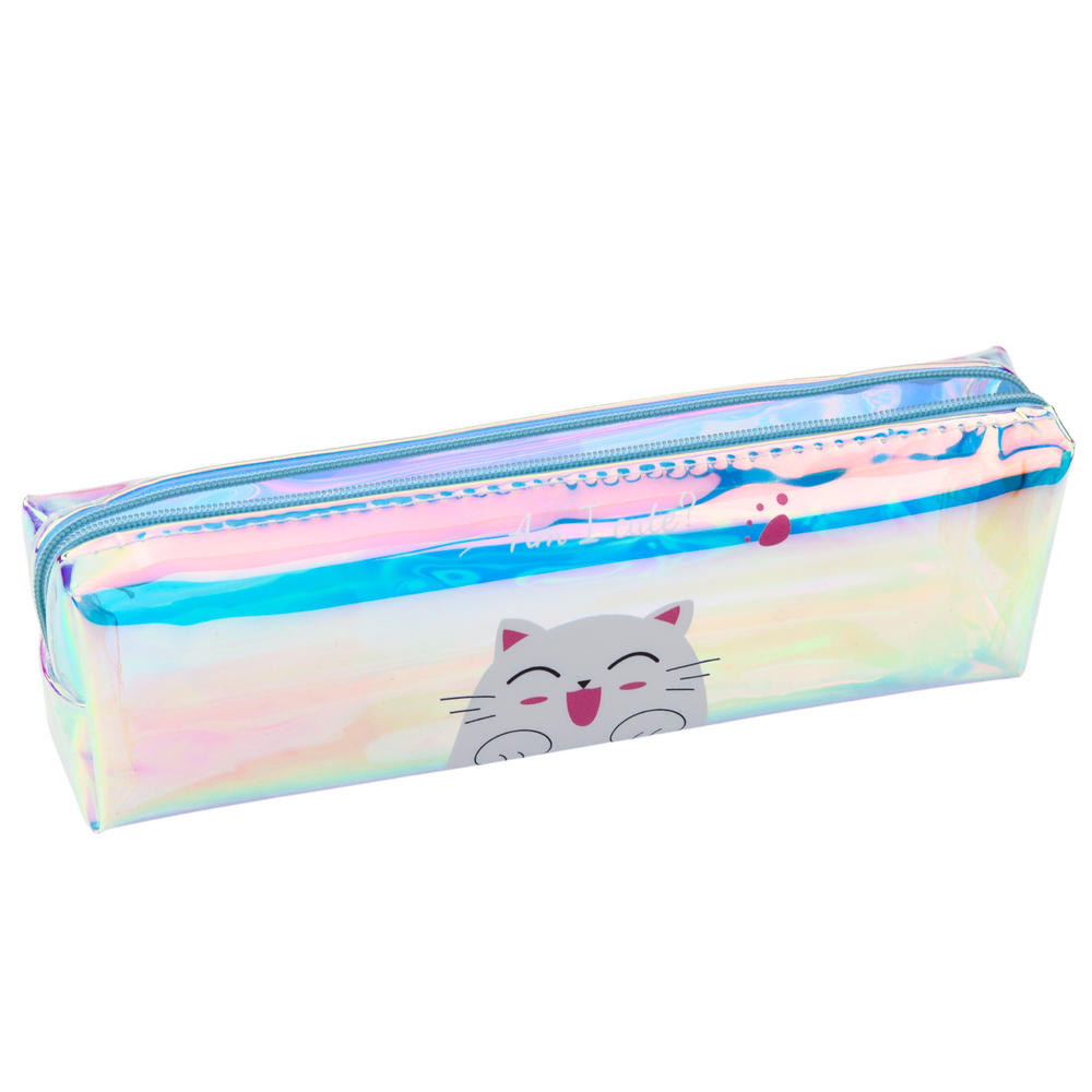Školní penál holografický s kočičkou modrý 21x6cm