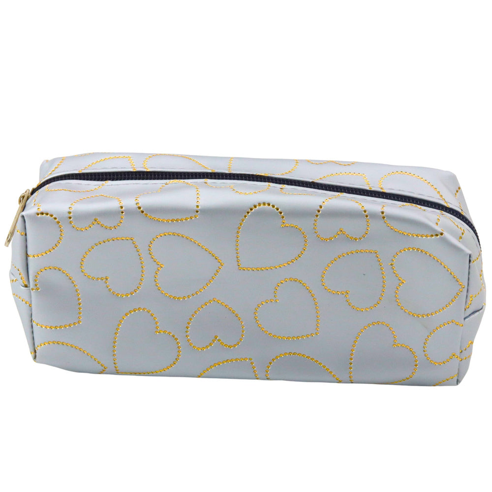 Školní penál jednokomorový – se zlatými srdíčky stříbrný