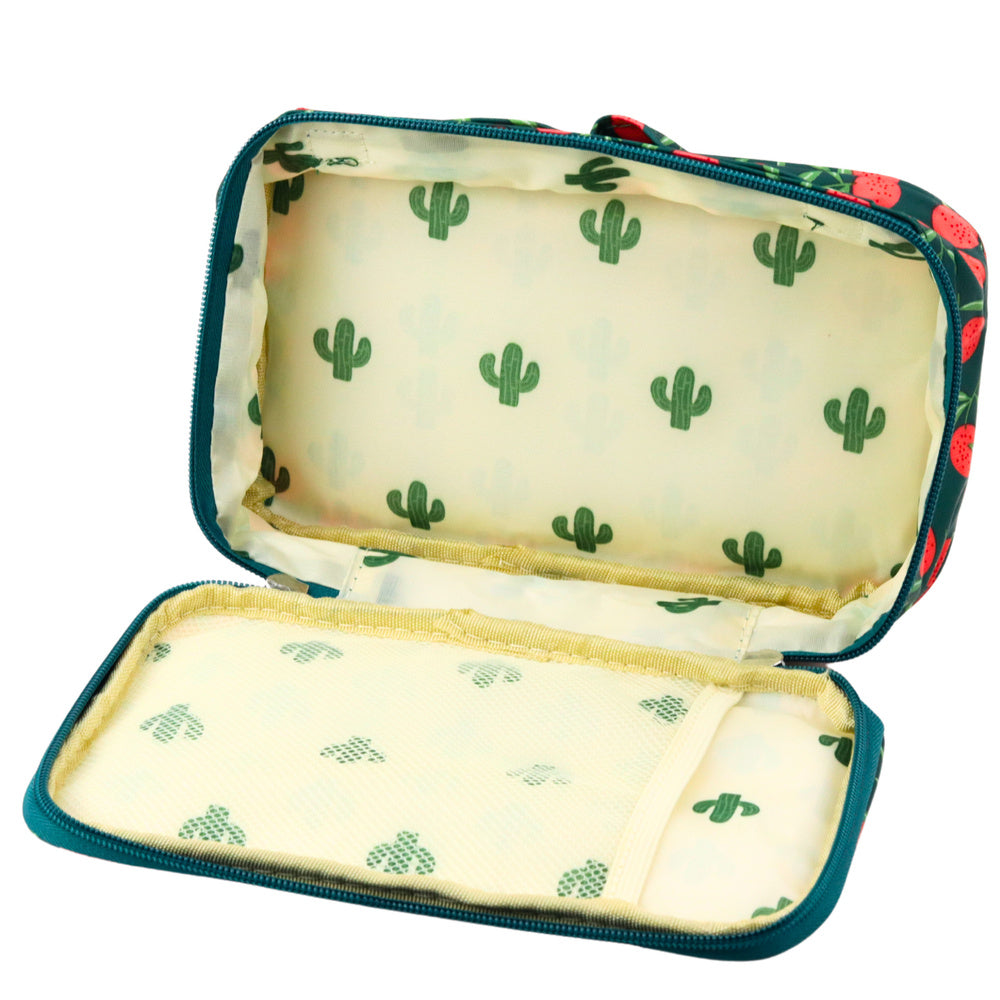 Školní penál organizer s kapsičkou motiv třešně zelený 22,5cm