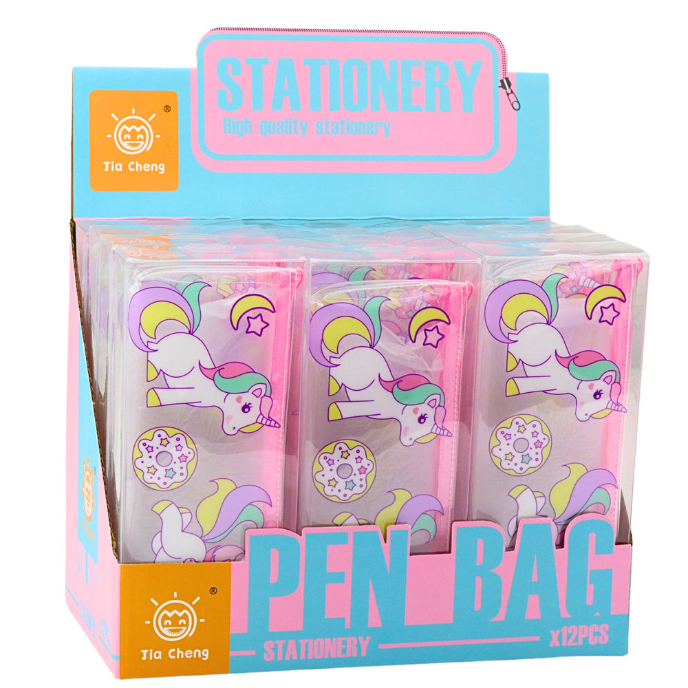 Školní penál průhledný s jednorožci a donuty 20x8,5x4cm