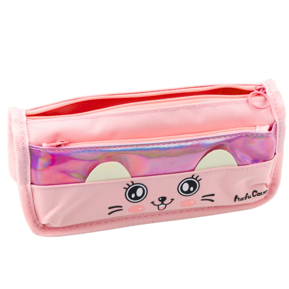 Školní penál s kočkou dvě kapsy růžový 21,5cm