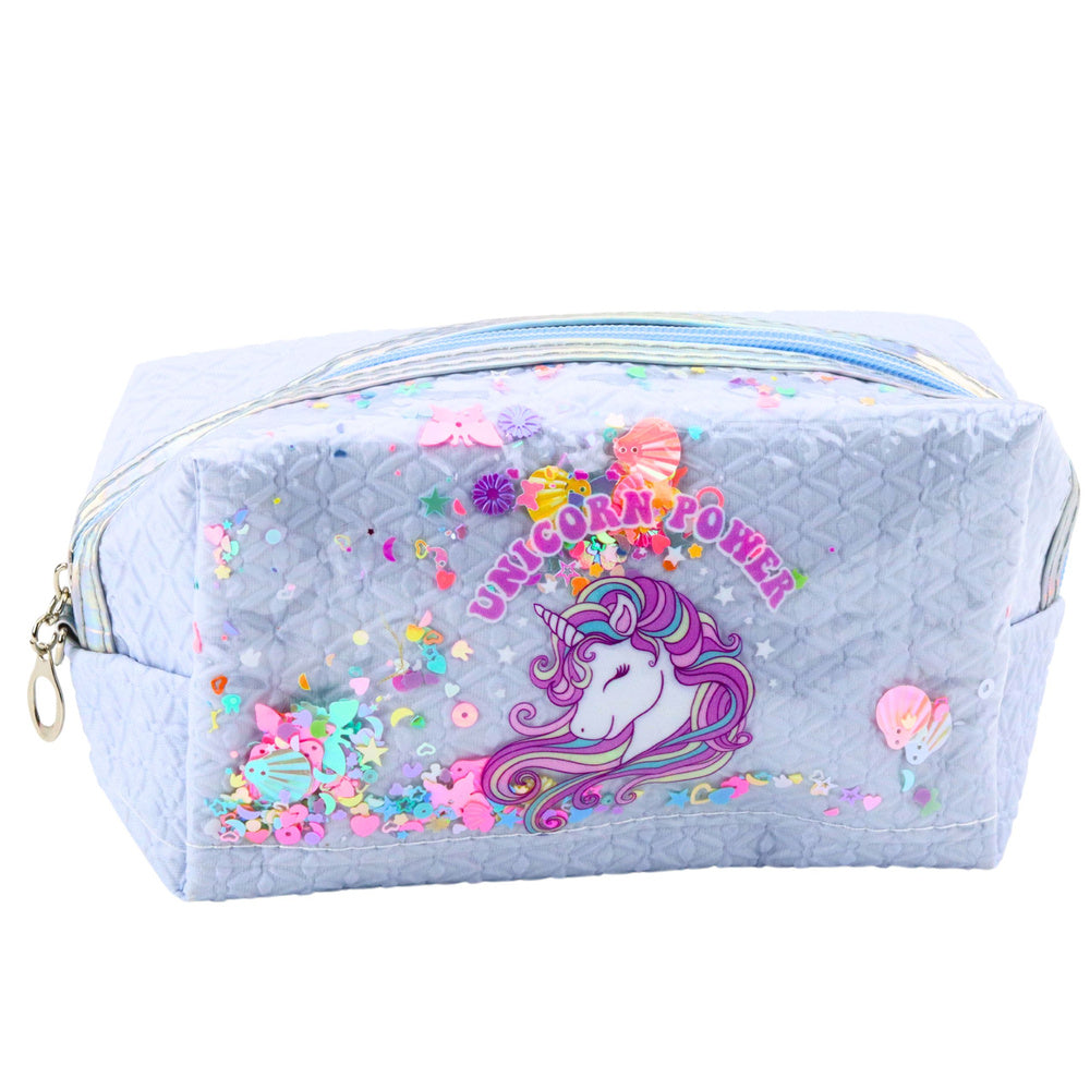Školní penál s opaskem jednorožec konfetti modrý 20cm