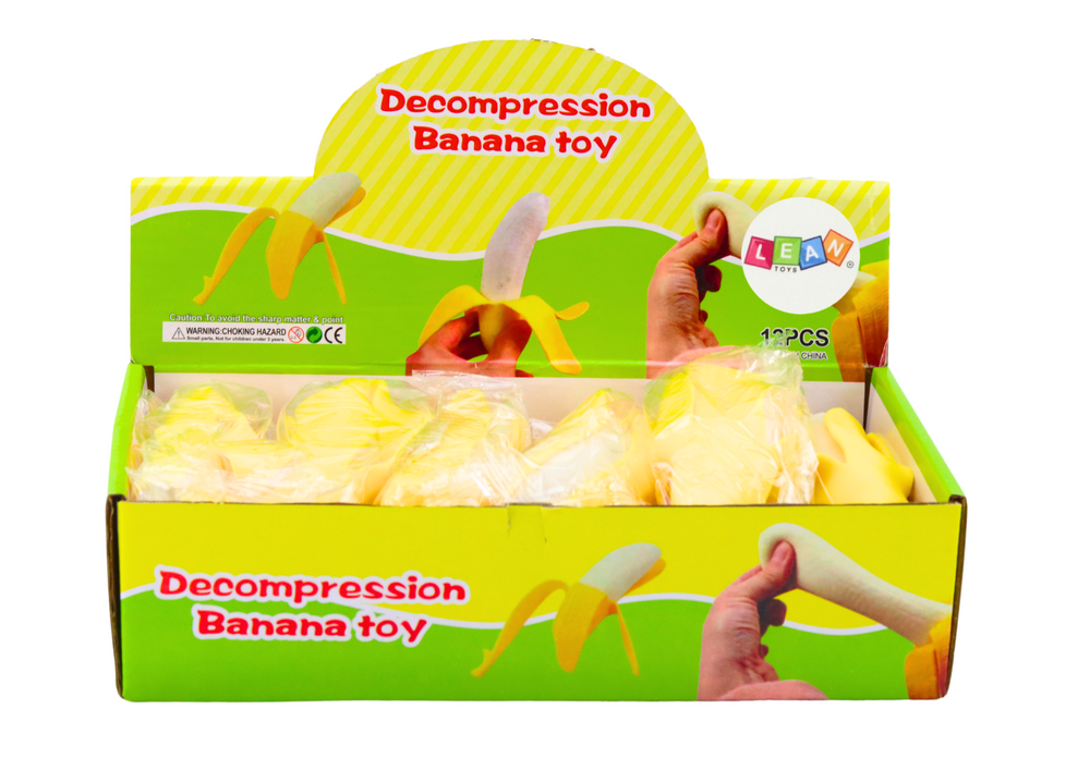 Squishy banán se slupkou - žlutá gumová antistresová hračka