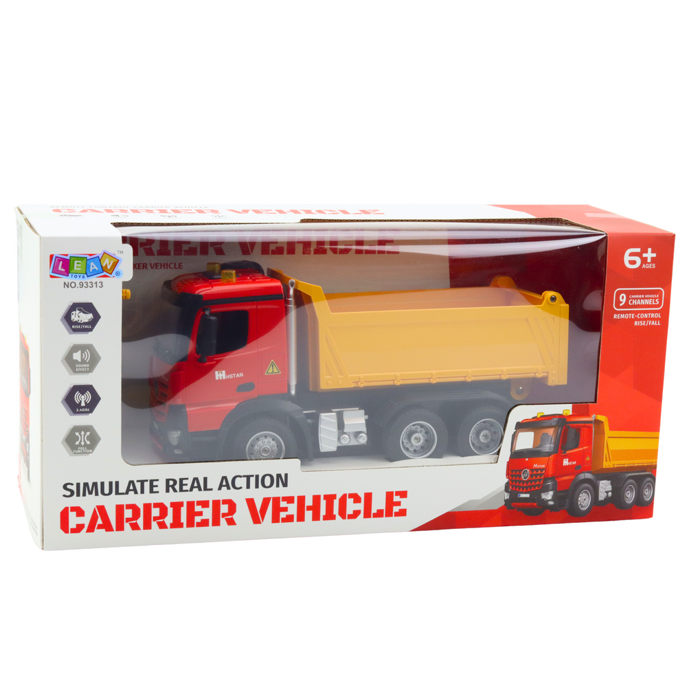 Stavební sklápěč na dálkové ovládání RC 2.4G se zvuky žluto červený