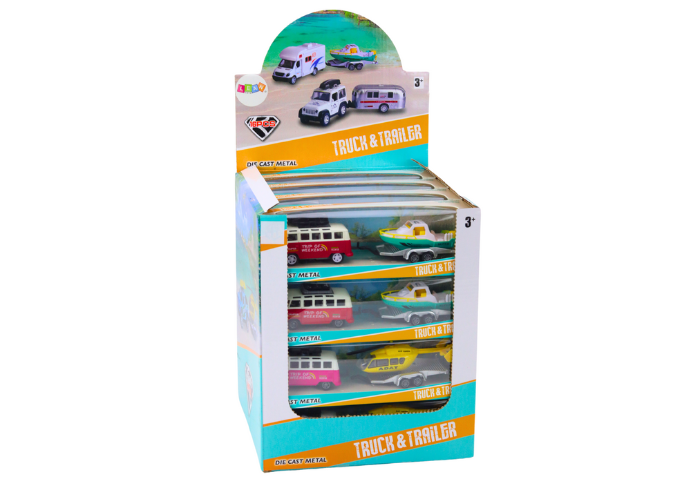 Terénní autíčko s přívěsem a lodí nebo vrtulníkem metalové