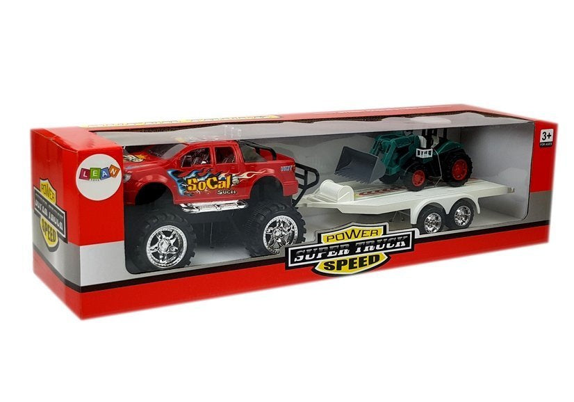 Terénní auto s návěsem a bagrem na setrvačník červené