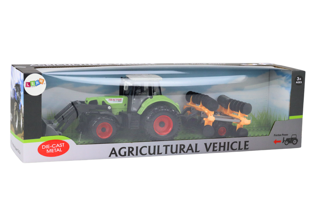 Traktor s kopačkou a talířovou bronou na setrvačník zelený