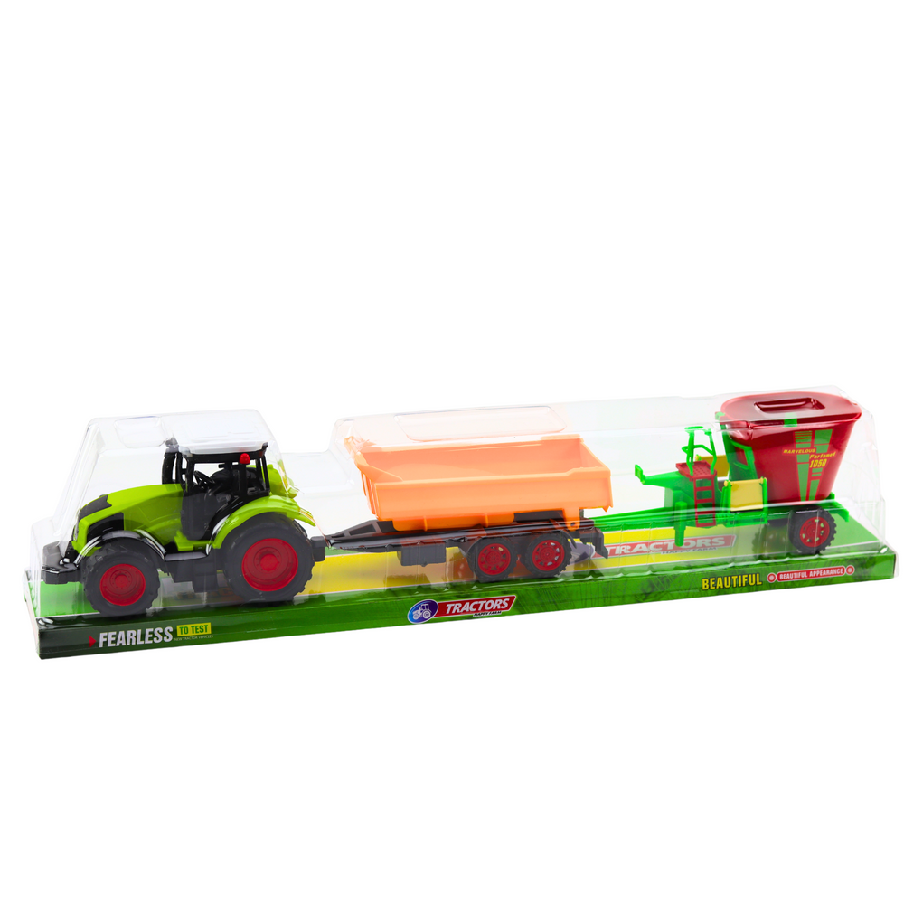 Traktor s přívěsem a krmným vozem sada zemědělských strojů