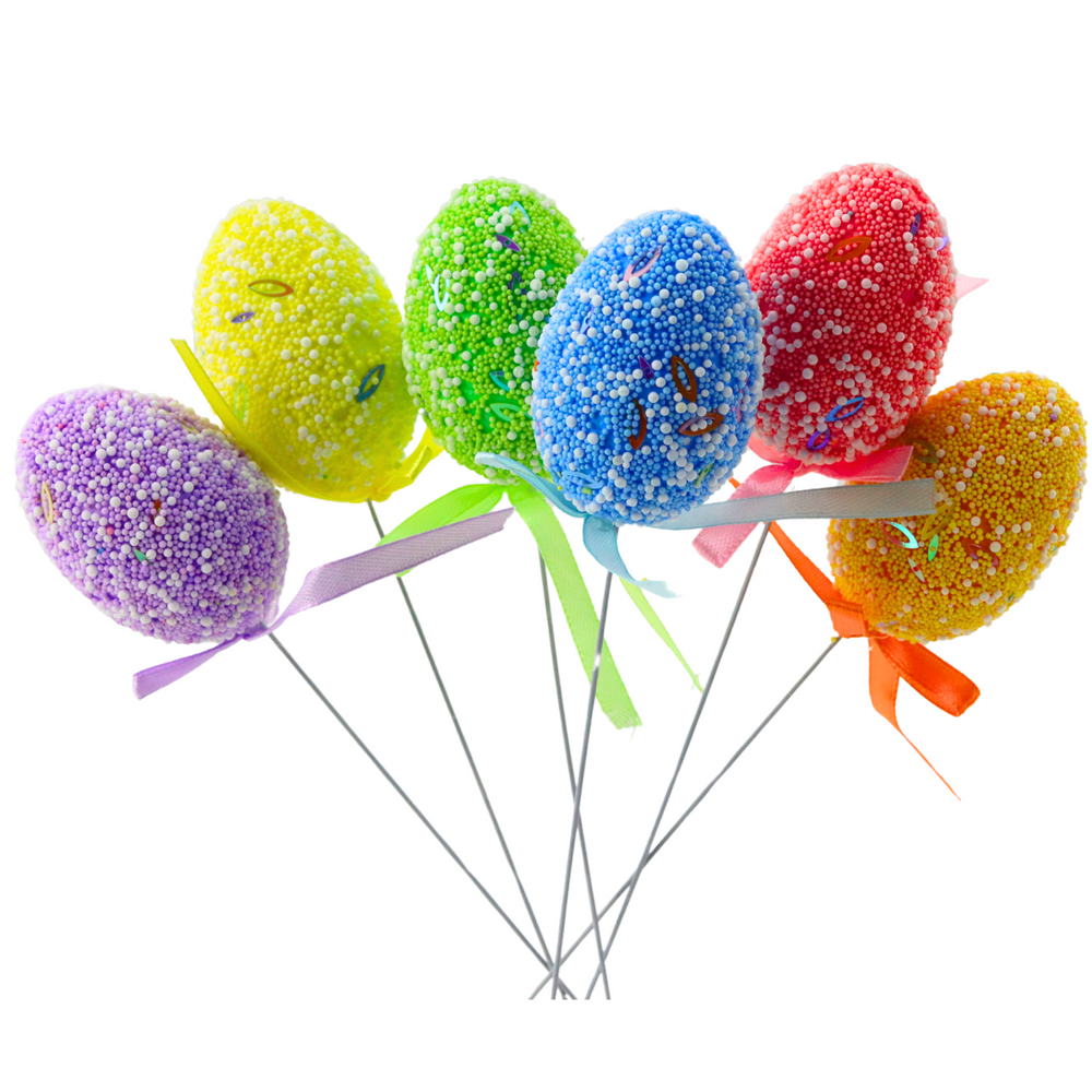 Velikonoční vajíčka na drátku barevná se vzorky a stužkou 6ks