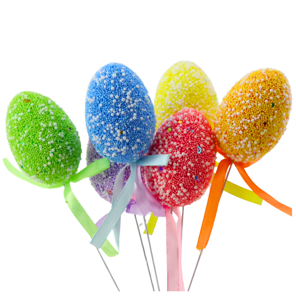 Velikonoční vajíčka na drátku barevná se vzorky a stužkou 6ks