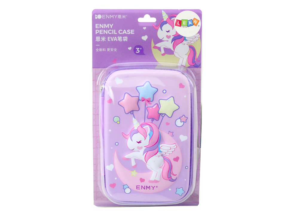 Velký penál 3D jednorožec rozkládací s přihrádkami fialový