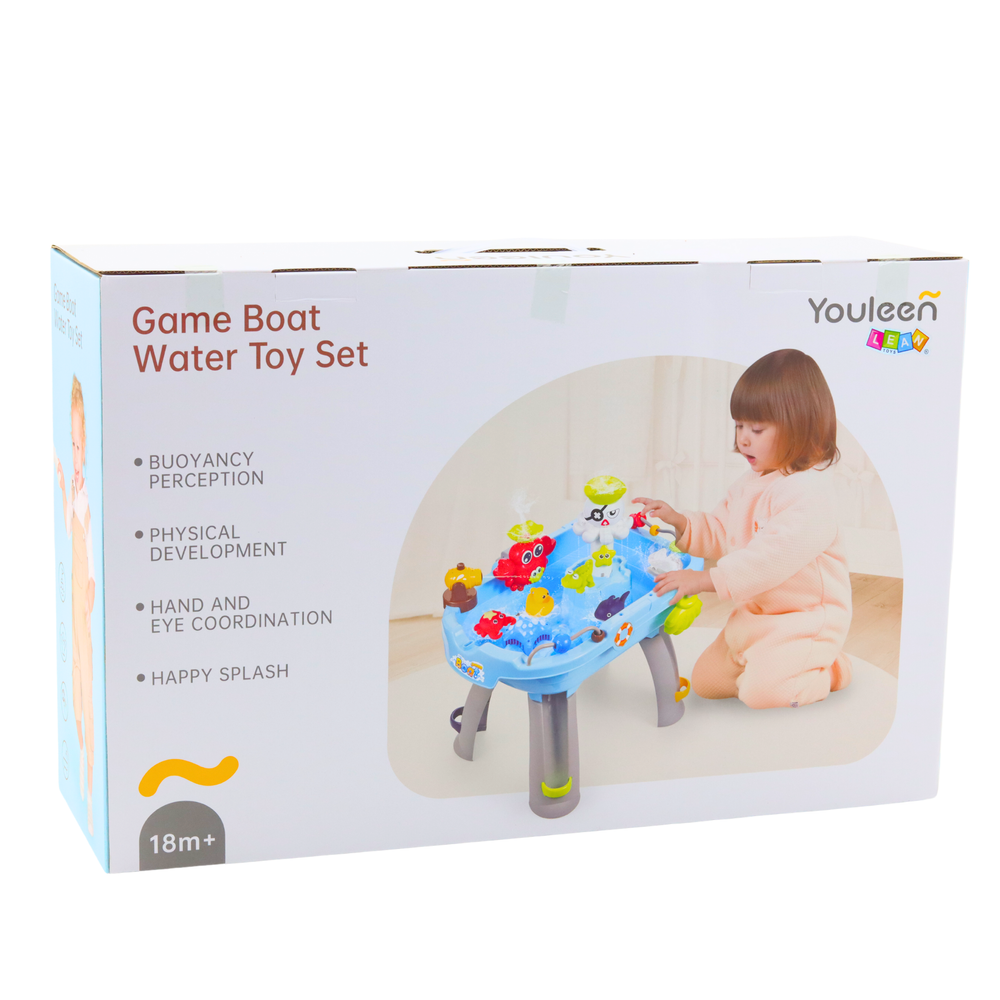 Vodní hrací stolek s rybařením a fontánou modrý